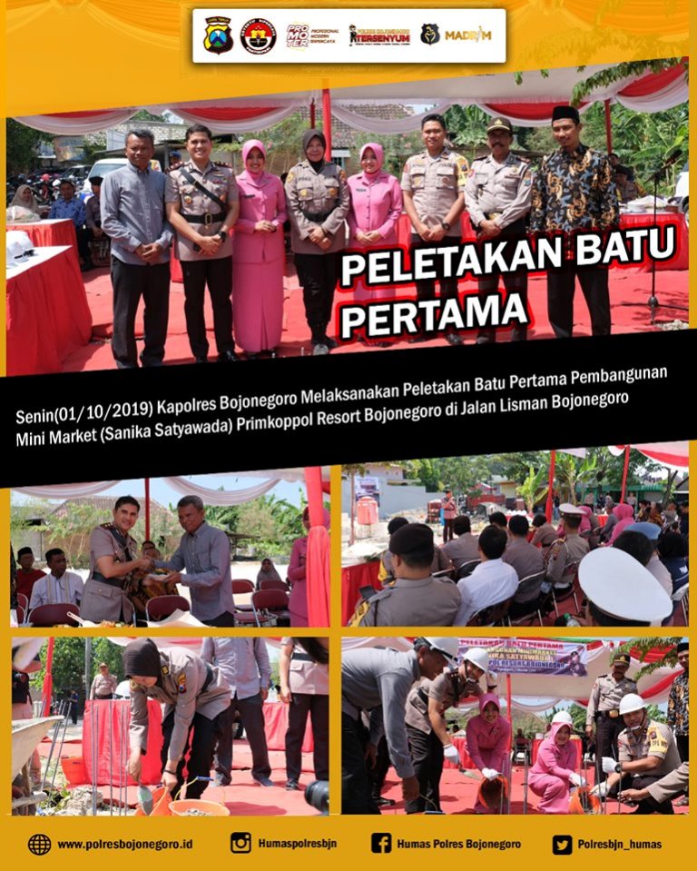 Foto : Kapolres Bojonegoro, AKBP Ary Fadli letakan batu pertama pembangunan Minimarket “Sanika Satyawada” di Jalan Lisman Kecamatan / Kabupaten Bojonegoro, Selasa (01/10/2019).